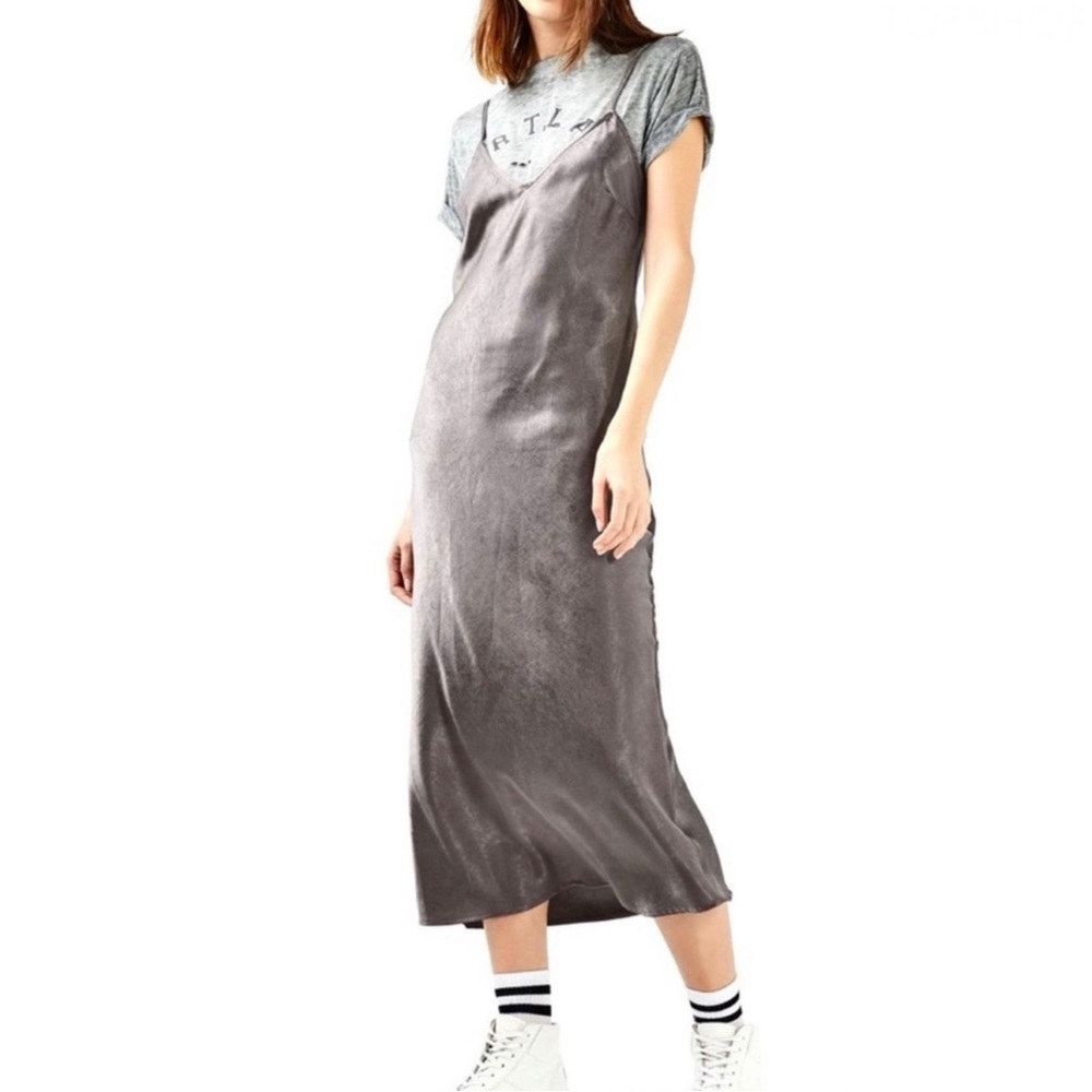 TOPSHOP GRAY METALLIC MAXI SLIP DRESS - Picture 1 of 9